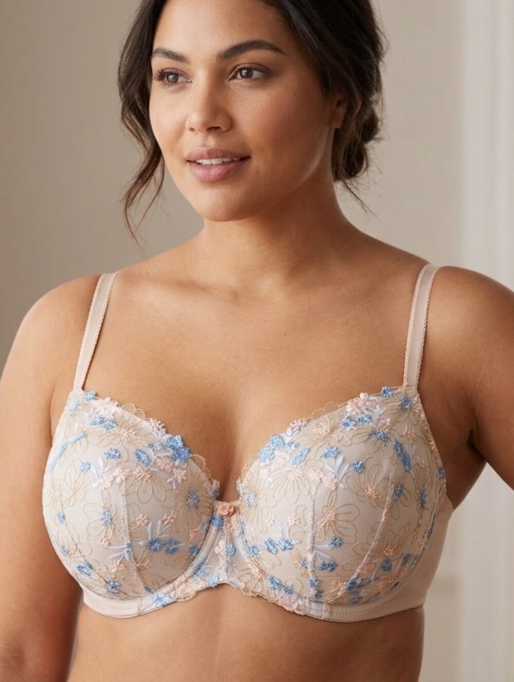 Victoria's Secret Nude Balconette Bra with Blue & Pink Floral Embroidery